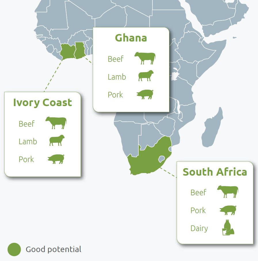 Map of Africa indicating countries where there are export opportunities for British meat and dairy